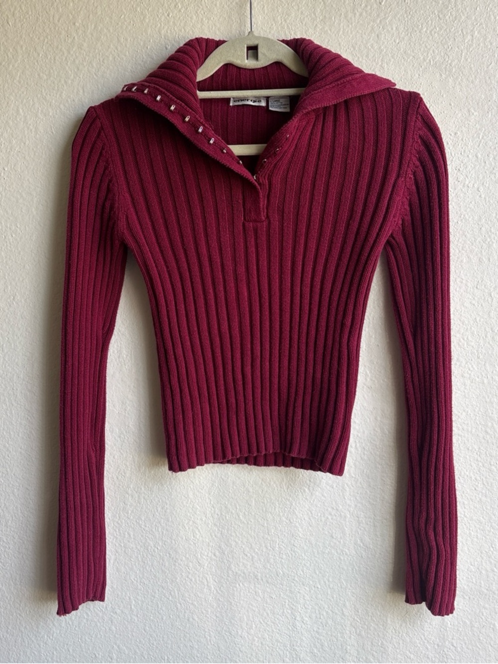 Vintage Y2K Energie Burgundy Ribbed Knit Collared Hook And Eye Sweater Size L